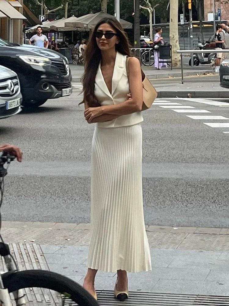 Folds Long Skirt Two Pieces Set Women’s Notched Sleeveless Short Vest Top High Waist Solid Maxi Skirt Fashion Sets 2025