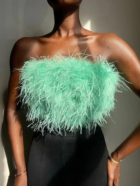 Fur Feather Strapless Tube Tops For Women Party Fashion Bustier Cute Top Y2k Club 2025 New Sexy Mini Fluffy Corset Top