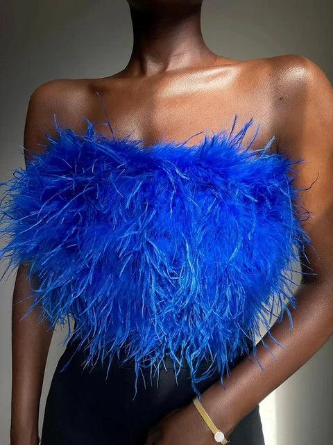 Fur Feather Strapless Tube Tops For Women Party Fashion Bustier Cute Top Y2k Club 2025 New Sexy Mini Fluffy Corset Top