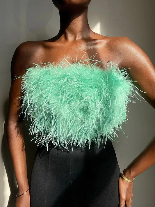 Fur Feather Strapless Tube Tops For Women Party Fashion Bustier Cute Top Y2k Club 2025 New Sexy Mini Fluffy Corset Top