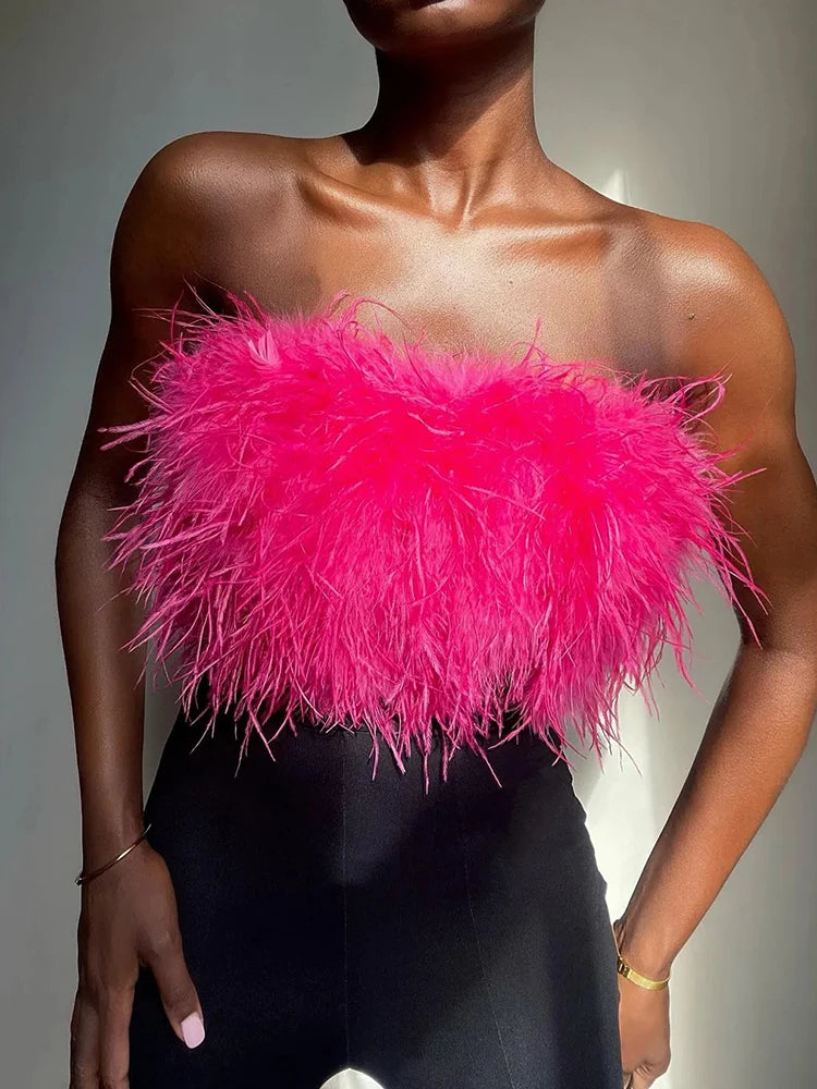 Fur Feather Strapless Tube Tops For Women Party Fashion Bustier Cute Top Y2k Club 2025 New Sexy Mini Fluffy Corset Top