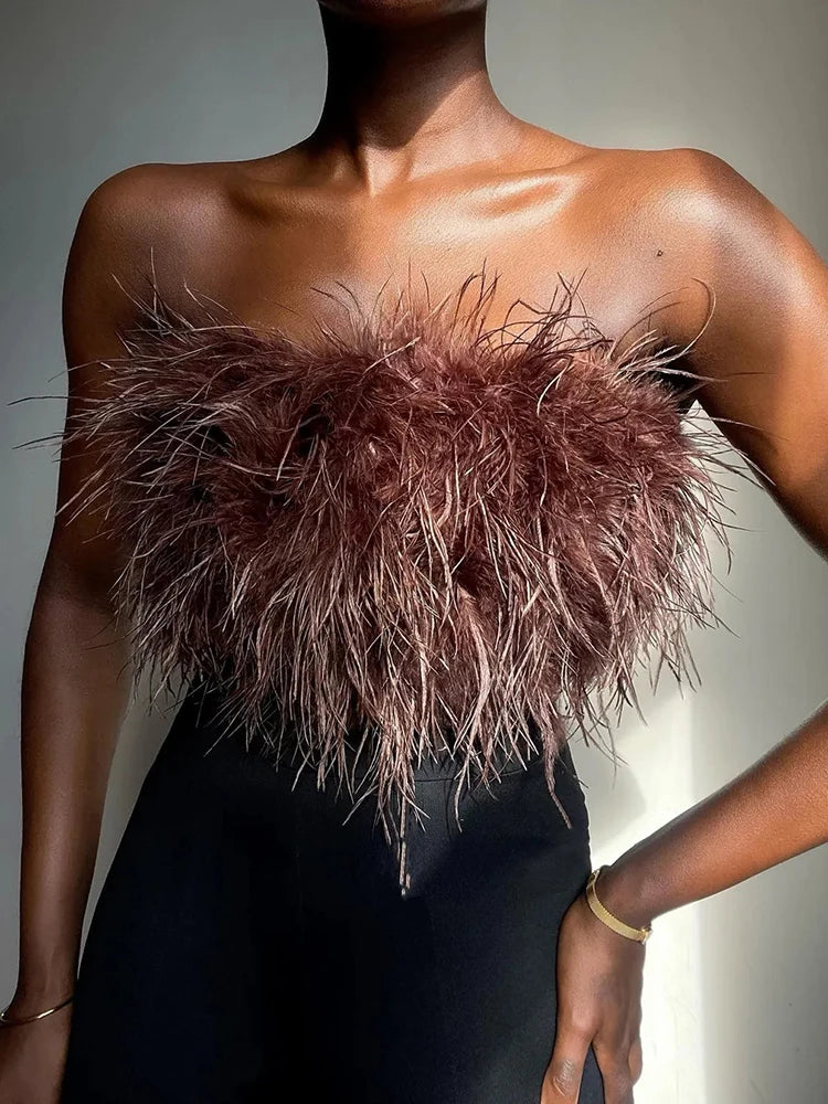 Fur Feather Strapless Tube Tops For Women Party Fashion Bustier Cute Top Y2k Club 2025 New Sexy Mini Fluffy Corset Top