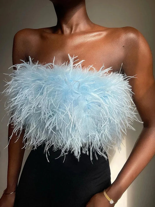 Fur Feather Strapless Tube Tops For Women Party Fashion Bustier Cute Top Y2k Club 2025 New Sexy Mini Fluffy Corset Top