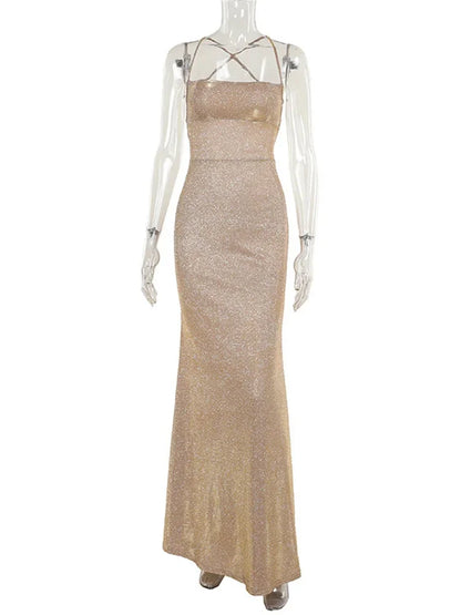 Vestido largo de moda con espalda descubierta y purpurina para mujer, vestido sexy ajustado con cordones y brillo para otoño, vestido de fiesta liso para mujer