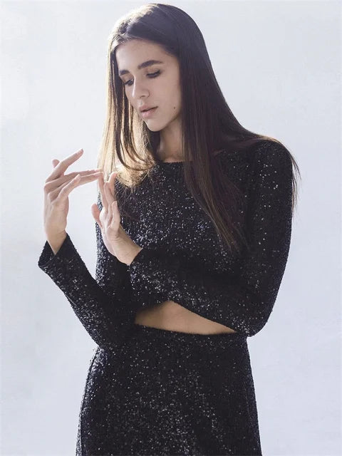Glitter Sequin Crop top Female Long Sleeve Fashion Sexy Outfit T-shirt Solid Casual High Street Sparkle For Women Y2k Top