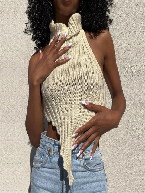 Halter Knitted Tube Tops For Women Summer Backless Worsted Knit Vest Female Turtleneck High Street Tanks Cropped Club Wear