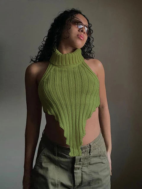 Halter Knitted Tube Tops For Women Summer Backless Worsted Knit Vest Female Turtleneck High Street Tanks Cropped Club Wear