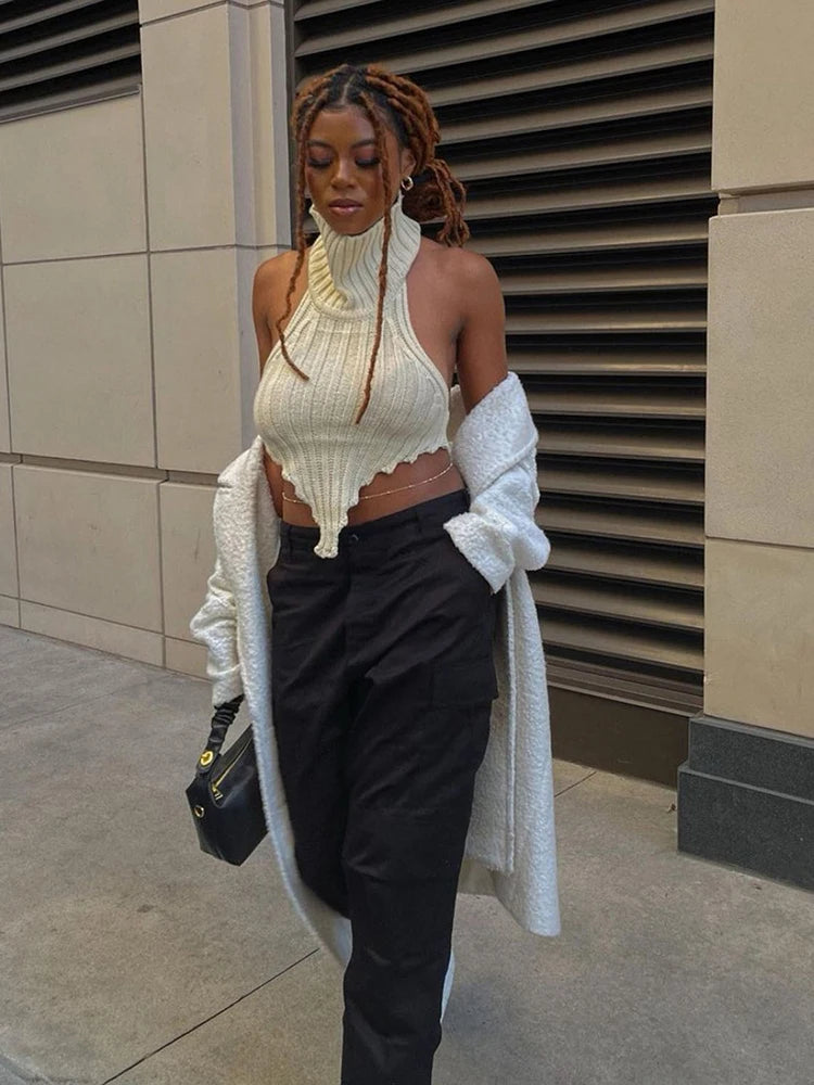 Halter Knitted Tube Tops For Women Summer Backless Worsted Knit Vest Female Turtleneck High Street Tanks Cropped Club Wear