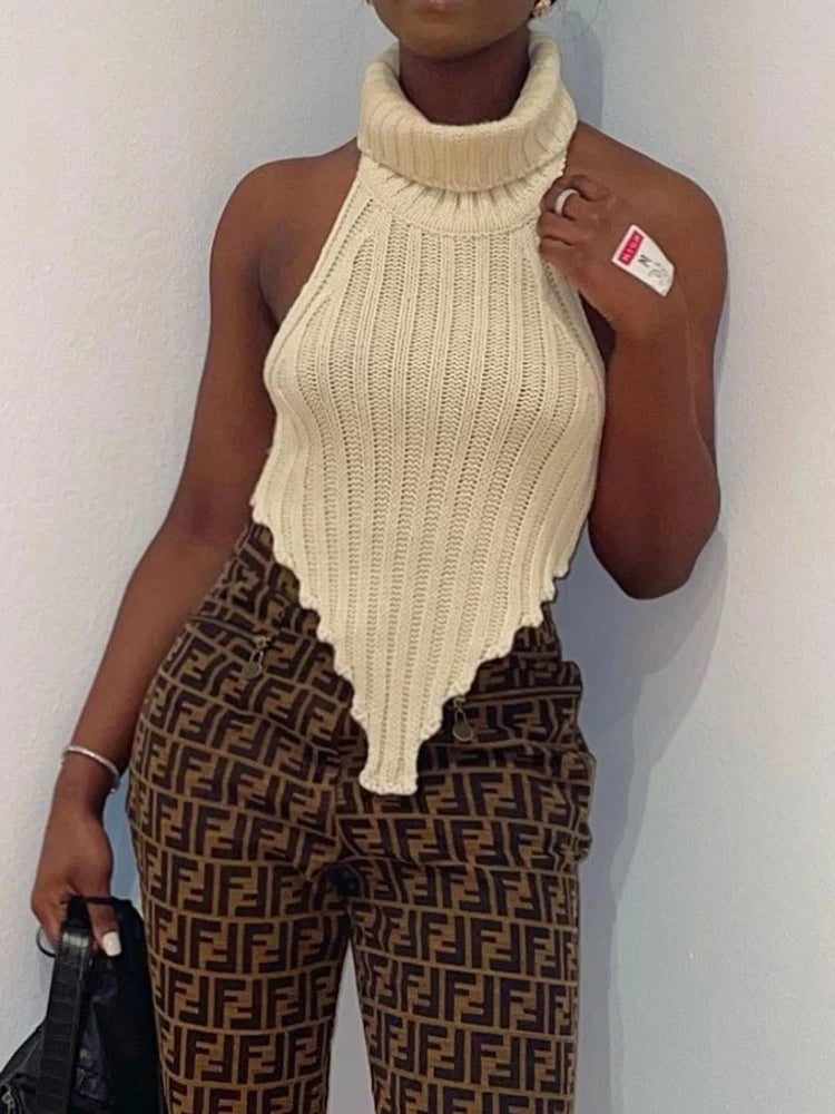 Halter Knitted Tube Tops For Women Summer Backless Worsted Knit Vest Female Turtleneck High Street Tanks Cropped Club Wear