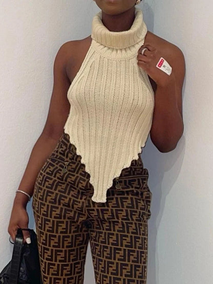 Halter Knitted Tube Tops For Women Summer Backless Worsted Knit Vest Female Turtleneck High Street Tanks Cropped Club Wear