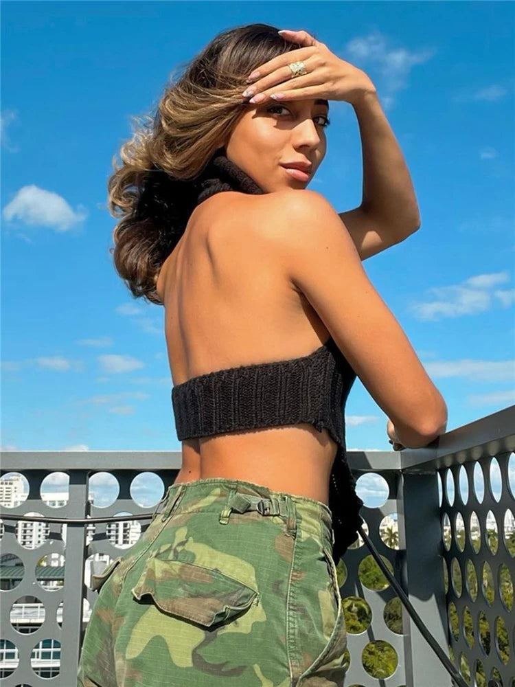 Halter Knitted Tube Tops For Women Summer Backless Worsted Knit Vest Female Turtleneck High Street Tanks Cropped Club Wear