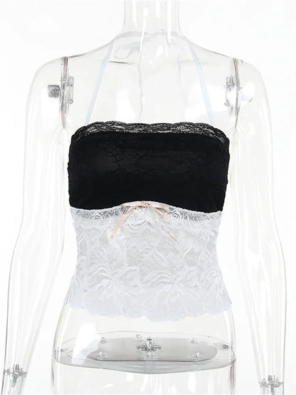 Halter Lace See-Through Crop Top Ruffled Contrast Tank Top – Y2K Fashion Patchwork Strapless Sexy Contrast Cropped Top