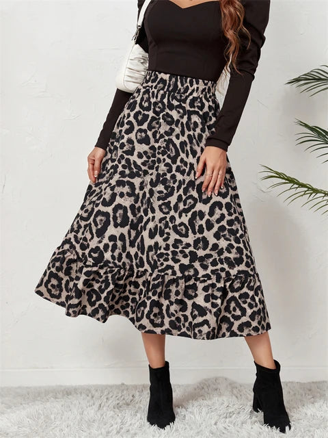 Falda midi de leopardo de cintura alta para mujer, falda larga de tul con estampado bohemio informal para mujer, falda de gasa de corte A para otoño 2025.
