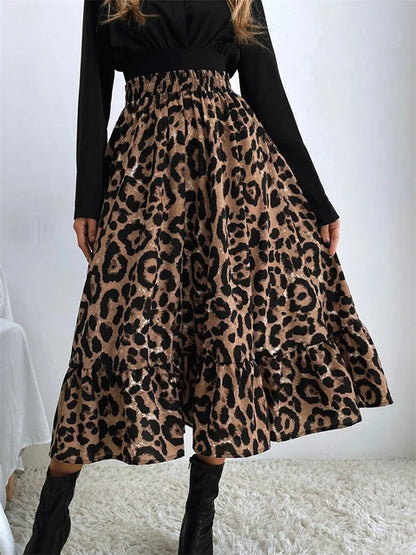 Falda midi de leopardo de cintura alta para mujer, falda larga de tul con estampado bohemio informal para mujer, falda de gasa de corte A para otoño 2025.
