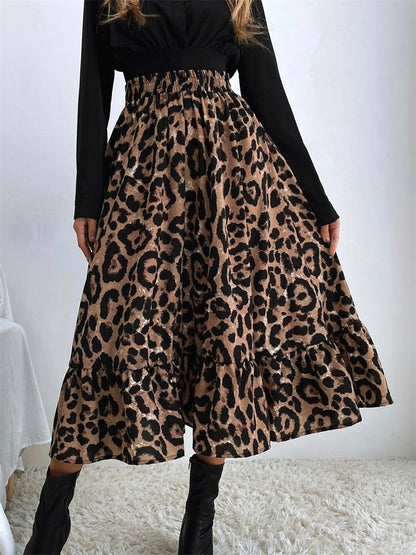 Falda midi de leopardo de cintura alta para mujer, falda larga de tul con estampado bohemio informal para mujer, falda de gasa de corte A para otoño 2025.