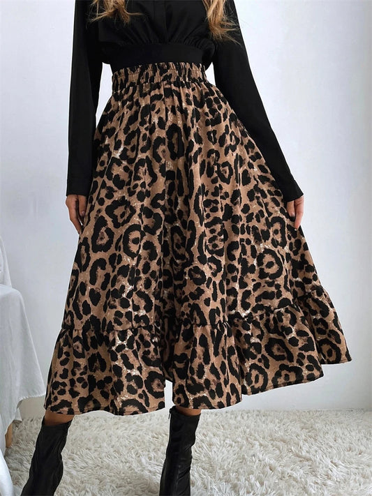 High Waist Leopard Midi Skirt For Women Casual Boho Printed Long Tulle Skirt Ladies 2025 Autumn New Chiffon A-line Skirt