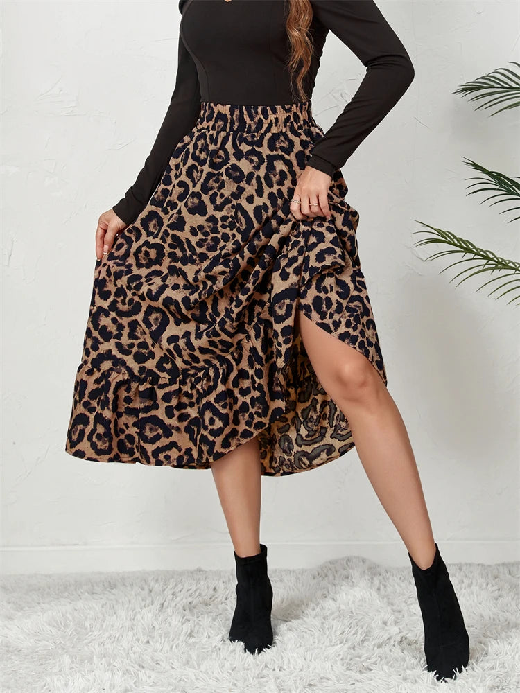 Falda midi de leopardo de cintura alta para mujer, falda larga de tul con estampado bohemio informal para mujer, falda de gasa de corte A para otoño 2025.