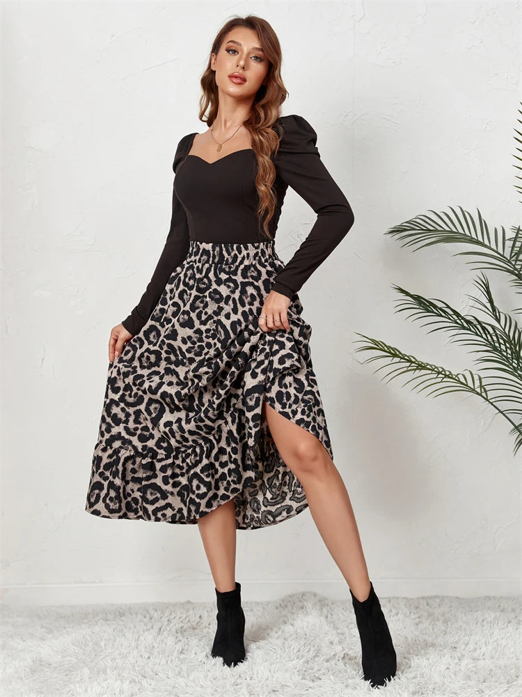 Falda midi de leopardo de cintura alta para mujer, falda larga de tul con estampado bohemio informal para mujer, falda de gasa de corte A para otoño 2025.