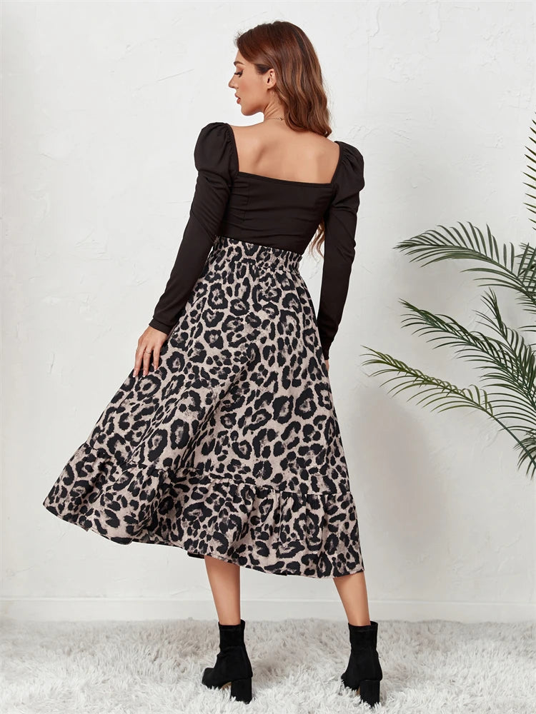 Falda midi de leopardo de cintura alta para mujer, falda larga de tul con estampado bohemio informal para mujer, falda de gasa de corte A para otoño 2025.