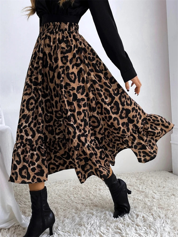 Falda midi de leopardo de cintura alta para mujer, falda larga de tul con estampado bohemio informal para mujer, falda de gasa de corte A para otoño 2025.