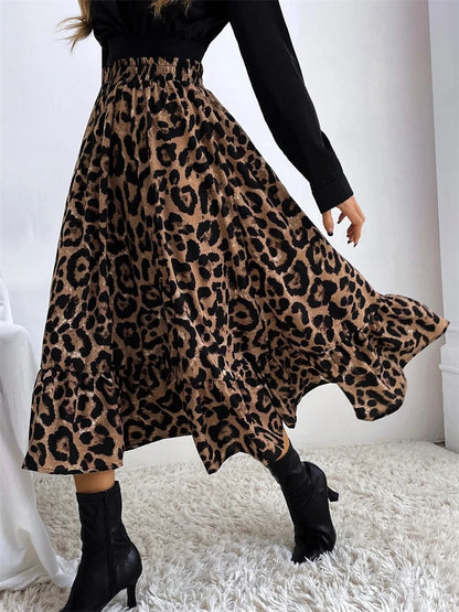 Falda midi de leopardo de cintura alta para mujer, falda larga de tul con estampado bohemio informal para mujer, falda de gasa de corte A para otoño 2025.