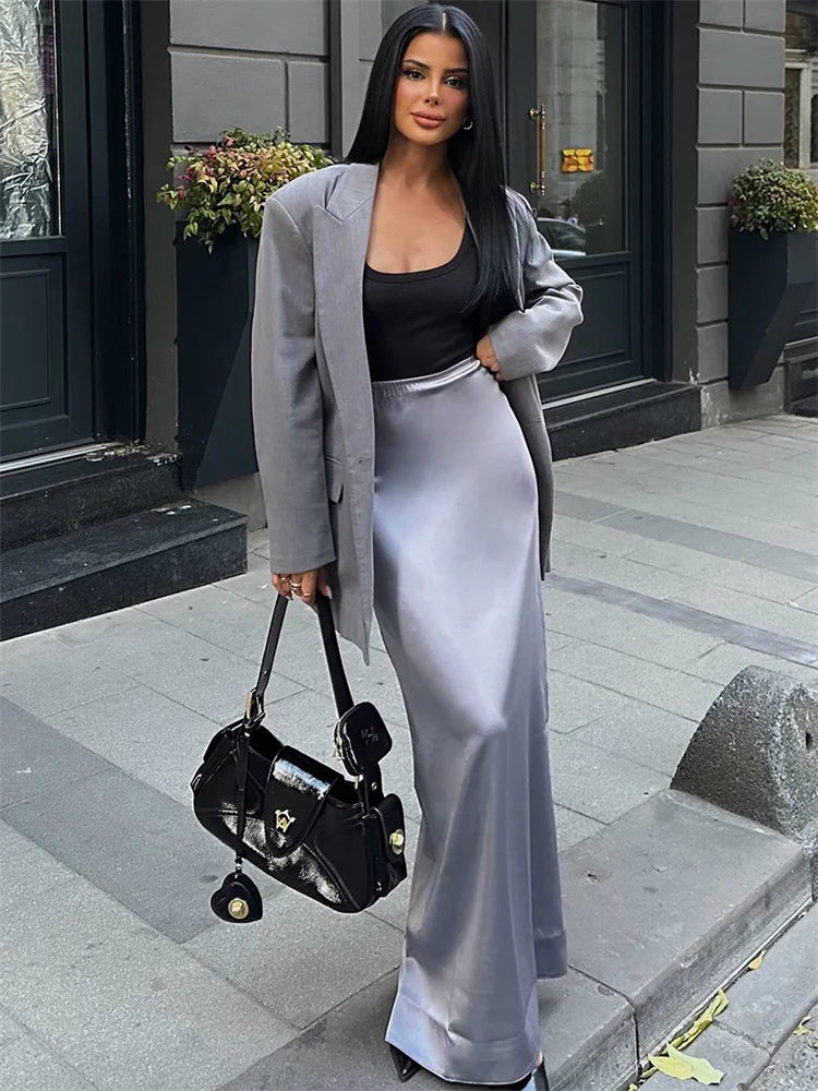 High Waist Solid Fashion Long Skirt Women Slim Patchwork Elegant Y2k Maxi Skirt Autumn 2025 Satin Sexy Ladies Maxi Skirt