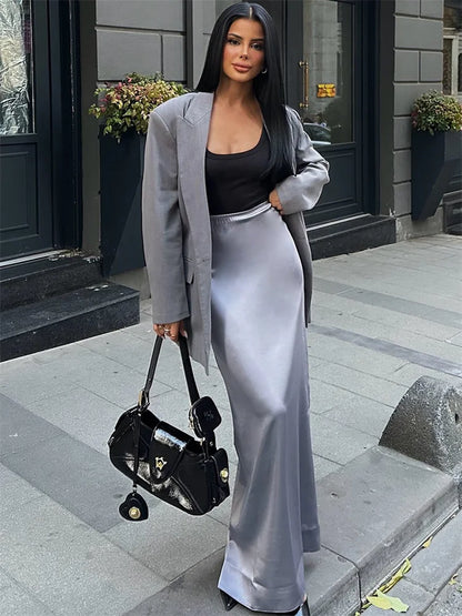 High Waist Solid Fashion Long Skirt Women Slim Patchwork Elegant Y2k Maxi Skirt Autumn 2025 Satin Sexy Ladies Maxi Skirt