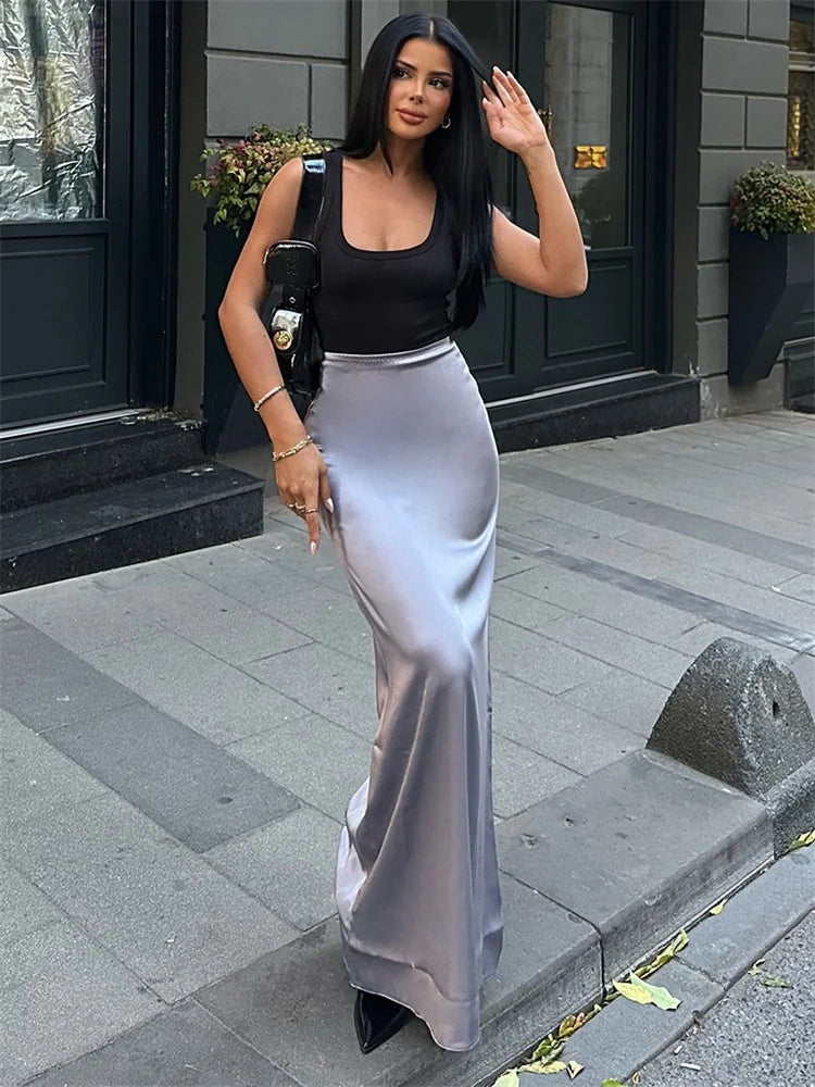 High Waist Solid Fashion Long Skirt Women Slim Patchwork Elegant Y2k Maxi Skirt Autumn 2025 Satin Sexy Ladies Maxi Skirt