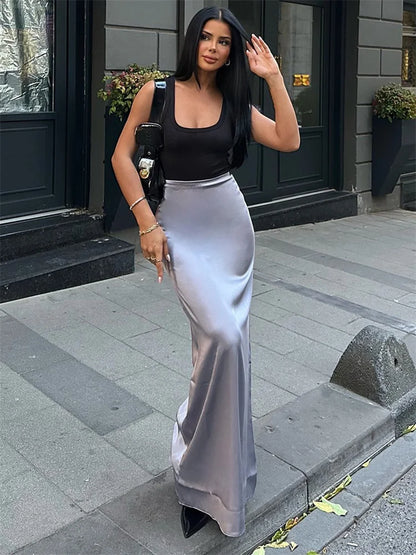 High Waist Solid Fashion Long Skirt Women Slim Patchwork Elegant Y2k Maxi Skirt Autumn 2025 Satin Sexy Ladies Maxi Skirt