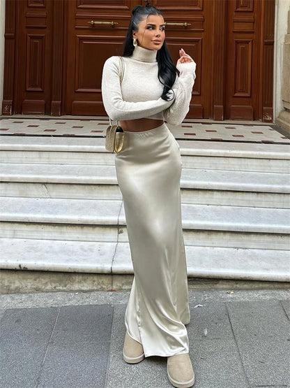 High Waist Solid Fashion Long Skirt Women Slim Patchwork Elegant Y2k Maxi Skirt Autumn 2025 Satin Sexy Ladies Maxi Skirt