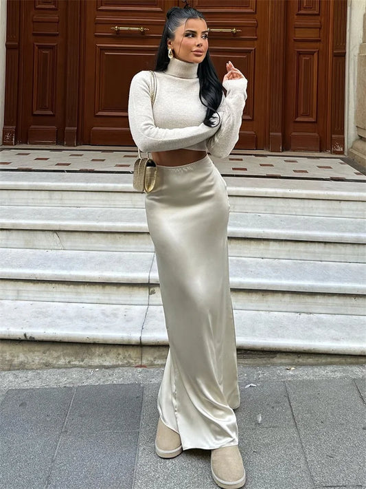 High Waist Solid Fashion Long Skirt Women Slim Patchwork Elegant Y2k Maxi Skirt Autumn 2025 Satin Sexy Ladies Maxi Skirt