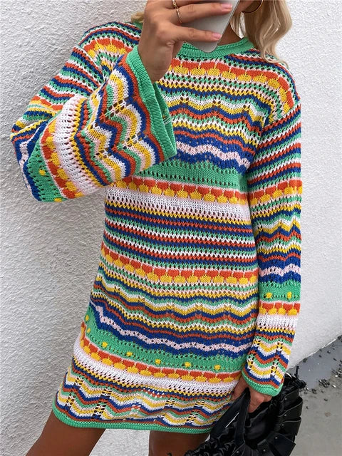 Vestido playero de crochet para mujer, sexy, bohemio, de manga larga, informal, con aberturas, para fiesta y otoño