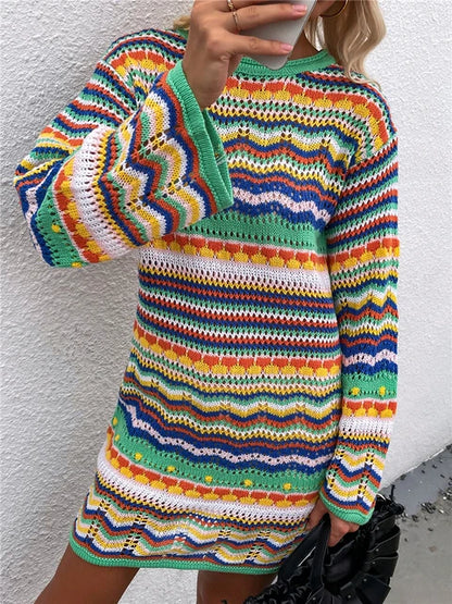 Vestido playero de crochet para mujer, sexy, bohemio, de manga larga, informal, con aberturas, para fiesta y otoño