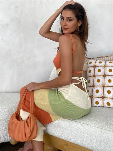 Holiday Crochet Summer Dress Backless Maxi Bodycon Dress For Women Beach Party Spaghetti Strap Contrast Color Long Dresses