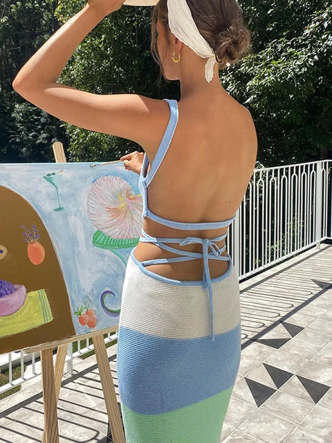 Holiday Crochet Summer Dress Backless Maxi Bodycon Dress For Women Beach Party Spaghetti Strap Contrast Color Long Dresses