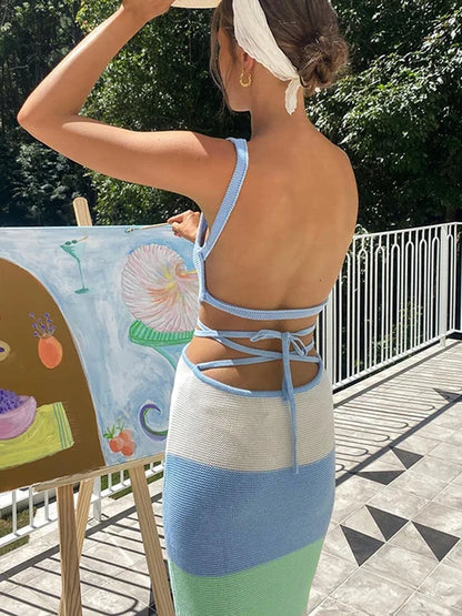 Holiday Crochet Summer Dress Backless Maxi Bodycon Dress For Women Beach Party Spaghetti Strap Contrast Color Long Dresses