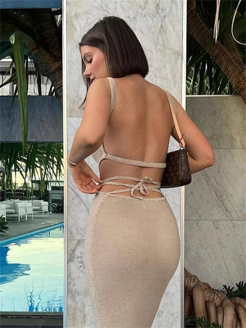 Holiday Crochet Summer Dress Backless Maxi Bodycon Dress For Women Beach Party Spaghetti Strap Contrast Color Long Dresses