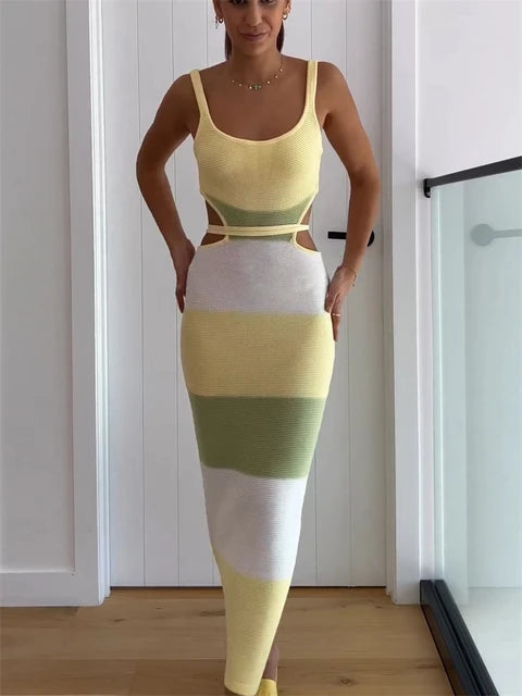 Holiday Crochet Summer Dress Backless Maxi Bodycon Dress For Women Beach Party Spaghetti Strap Contrast Color Long Dresses