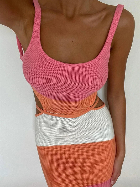 Holiday Crochet Summer Dress Backless Maxi Bodycon Dress For Women Beach Party Spaghetti Strap Contrast Color Long Dresses