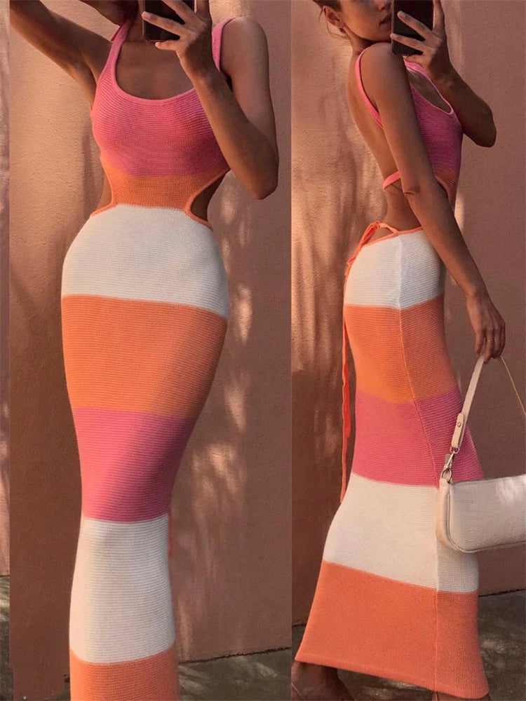 Holiday Crochet Summer Dress Backless Maxi Bodycon Dress For Women Beach Party Spaghetti Strap Contrast Color Long Dresses