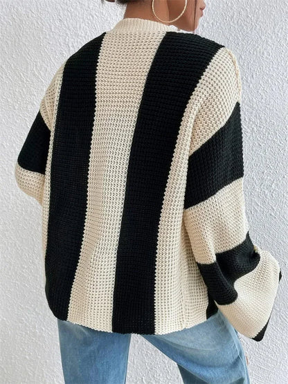 Suéter tipo cárdigan de moda con contraste calado para mujer, prenda de punto holgada de manga larga, ropa de calle de retazos, abrigo para mujer