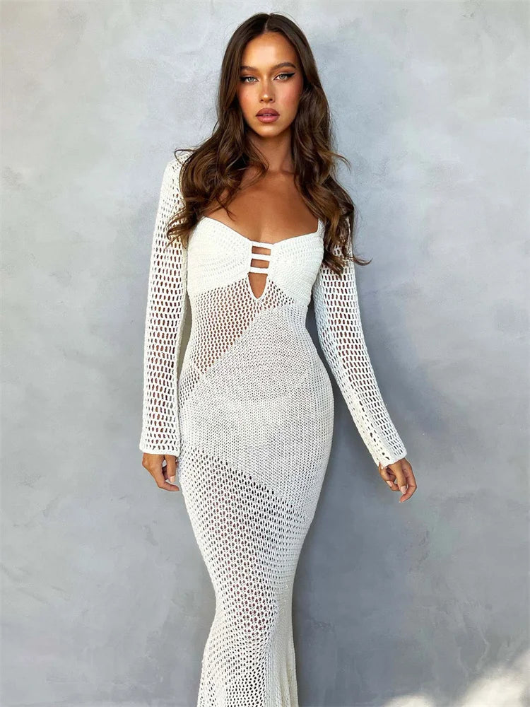 Hollow Out Knit See-Through Maxi Dress Female Patchwork Backless Lace-Up Slim Fashion Beach Holiday Knitwear Women Dress