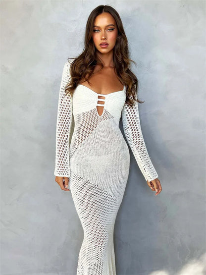 Hollow Out Knit See-Through Maxi Dress Female Patchwork Backless Lace-Up Slim Fashion Beach Holiday Knitwear Women Dress