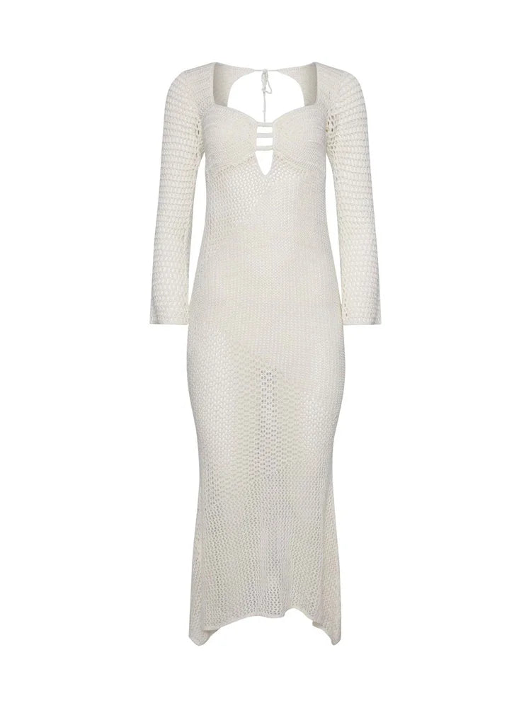 Hollow Out Knit See-Through Maxi Dress Female Patchwork Backless Lace-Up Slim Fashion Beach Holiday Knitwear Women Dress