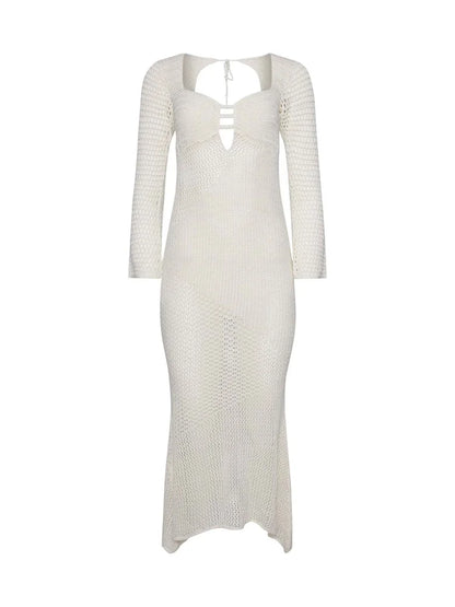 Hollow Out Knit See-Through Maxi Dress Female Patchwork Backless Lace-Up Slim Fashion Beach Holiday Knitwear Women Dress