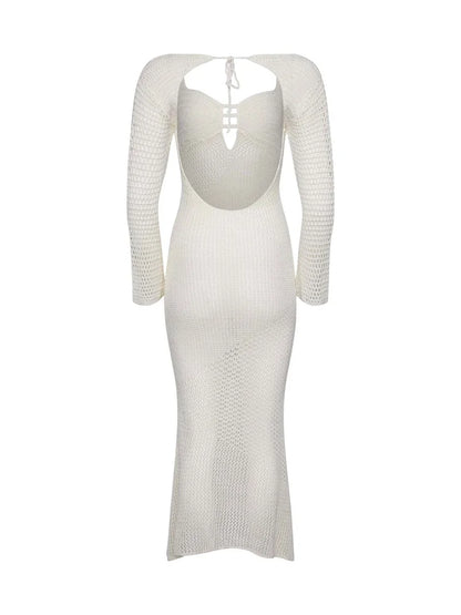 Hollow Out Knit See-Through Maxi Dress Female Patchwork Backless Lace-Up Slim Fashion Beach Holiday Knitwear Women Dress