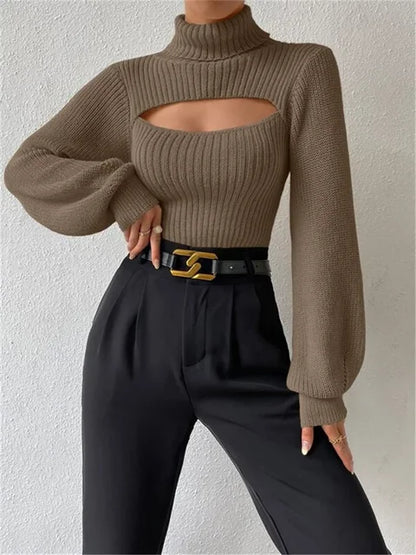 Hollow Out Knit Sweater Pullover For Women Turtleneck Fashion Ribbed High Street Long Sleeve Knitwear Loose Sweater Female