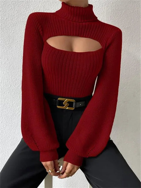 Hollow Out Knit Sweater Pullover For Women Turtleneck Fashion Ribbed High Street Long Sleeve Knitwear Loose Sweater Female
