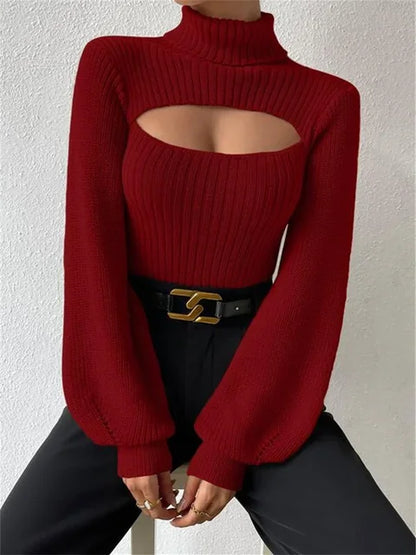 Hollow Out Knit Sweater Pullover For Women Turtleneck Fashion Ribbed High Street Long Sleeve Knitwear Loose Sweater Female