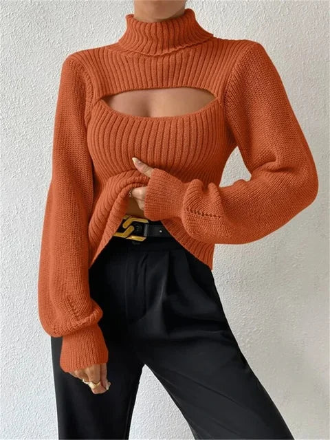 Hollow Out Knit Sweater Pullover For Women Turtleneck Fashion Ribbed High Street Long Sleeve Knitwear Loose Sweater Female